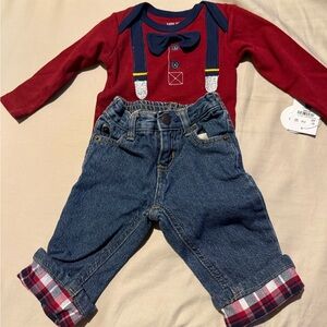 Baby Boy Suspender Onesie & Plaid Cuff Jeans Set 3-6M NWT